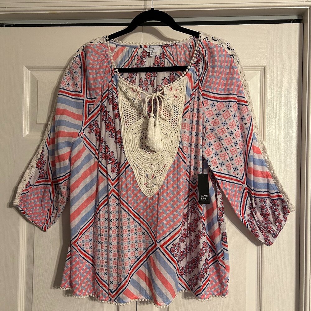 NWT CROWN AND IVY Picnic Party ll Signature Sz XL Patch Work Pattern Top